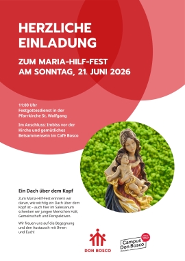 Einladung  zum Maria-Hilf-Fest mit der Abbildung einer Marienstatue mit Jesuskind