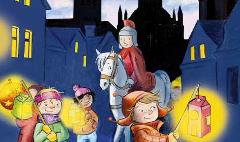 Zeichnung mit St. Martin auf dem Pferd und Kindern mit Laternen