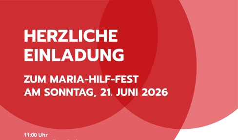 Einladung  zum Maria-Hilf-Fest mit der Abbildung einer Marienstatue mit Jesuskind